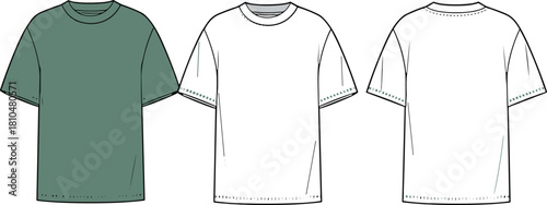Oversize t-shirt technical fashion illustration, showing front, back, and colored views; apparel, cad, template, garment, and streetwear design vector.