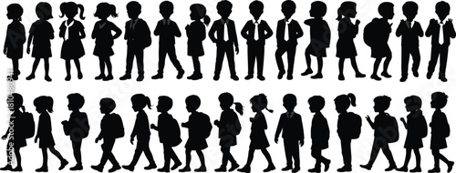 Silhouette of school children standing, walking, wearing uniforms, backpacks, boys and girls illustration vector, student group clipart for education design