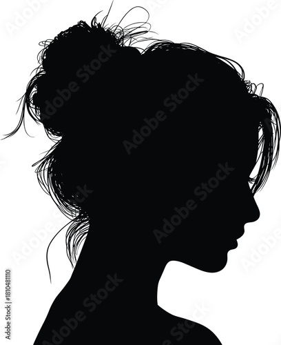 Silhouette of woman with messy bun hairstyle, detailed hair strands, elegant profile, artistic vector illustration, black shadow portrait, isolated design