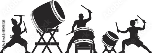 Silhouette of traditional Japanese taiko drummers performing, cultural music illustration, Asian festival rhythm, teamwork energy, black and white vector art design