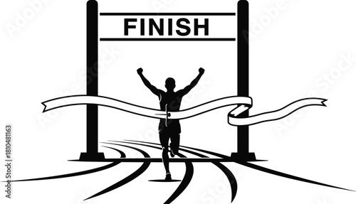 Silhouette runner crossing finish line with broken ribbon, dynamic race track illustration, competitive sports victory moment, motivational athletic success vector design