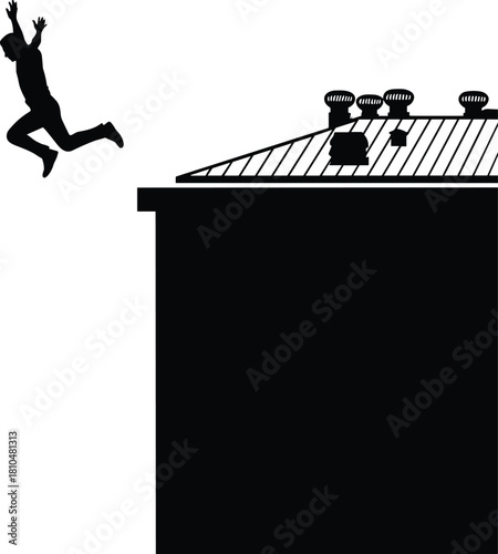 Silhouette vector illustration of a daring parkour athlete jumping across urban rooftops, showcasing extreme action, city adventure, rooftop leap, dynamic movement, and modern freerunning style