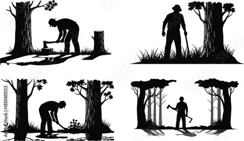 Silhouette vector illustration of a woodcutter working in the forest using axe and saw, lumberjack activity scenes, tree cutting concept, outdoor forestry design