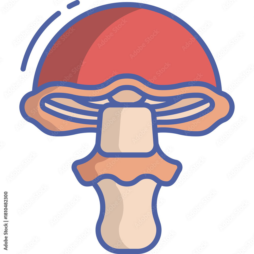 Fototapeta premium Red Mushroom Icon With White Gills And Brown Stem And Blue Outline On Transparent Background