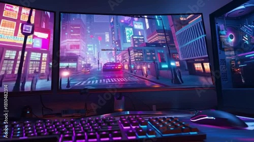 An immersive triple-monitor gaming setup with a glowing RGB keyboard displaying a futuristic neon city.