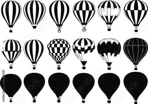 Hot air balloon silhouette vector set in various styles, patterns, and shapes; travel, adventure, transport, flight, and vintage air symbol collection.