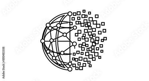 A black and white line art illustration depicting a globe transforming into digital pixels or data, symbolizing global connectivity and data fragmentation.