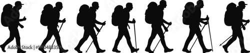 Row of backpacker hiker silhouettes walking with trekking poles and large bags; adventure, travel, outdoor sports, expedition, and vector graphic set.