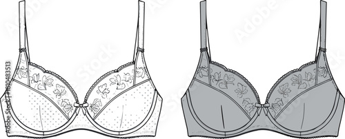 Underwire bra technical fashion illustration with lace trim and adjustable straps; lingerie, apparel, cad, template, and innerwear design vector.