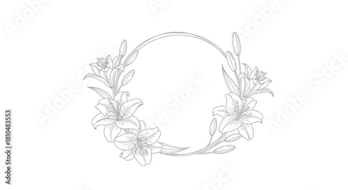 Elegant line art illustration of a delicate lily floral wreath, forming an incomplete circular frame on a white background, perfect for invitations.