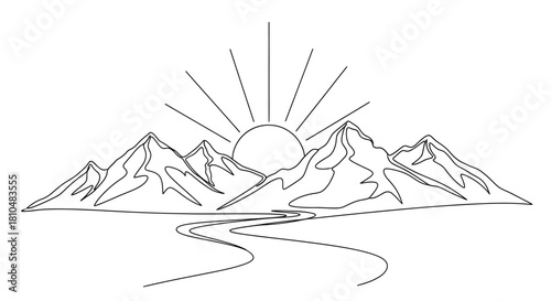 Continuous line art drawing of a sunrise or sunset over majestic mountains with a winding river in the foreground, minimalist nature landscape.