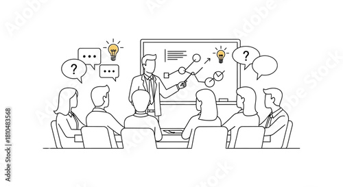 A line drawing of a business meeting or educational presentation with a speaker and audience, showing interaction, ideas, and questions.