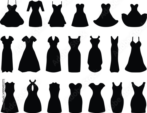 Women's dress silhouette vector set, featuring various styles for evening, cocktail, and casual wear; fashion, elegance, apparel, and clothing collection.
