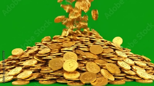 Gold Coins Falling on Green Screen Background Animation.