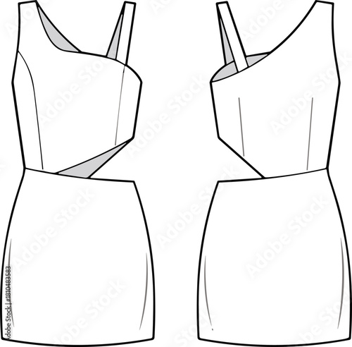 Asymmetrical mini dress with single shoulder strap and waist cutout technical fashion illustration; apparel, cad, template, front, and back views vector.