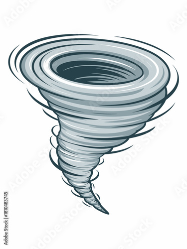 A dynamic illustration of a tornado, showcasing its swirling motion and powerful structure, conveying nature's ferocity and the raw energy found in storms and wind.