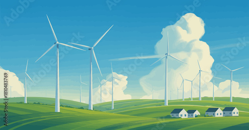 A serene landscape featuring wind turbines sprawling across lush green hills under a clear blue sky, symbolizing sustainability and clean energy for a better future.