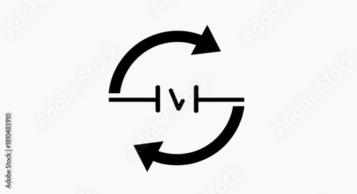 Black and white graphic of an electrical symbol, possibly a variable resistor or voltage source, encircled by two opposing curved arrows indicating a cycle or exchange.
