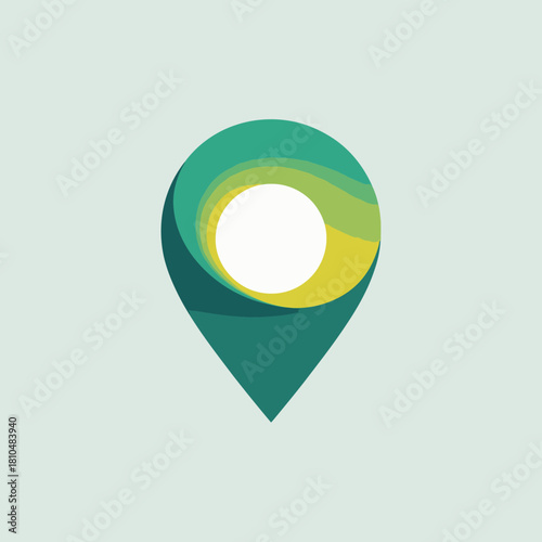 An abstract location marker featuring a swirling design with a bright sun at its center, symbolizing guidance, direction, and connection to places around us.