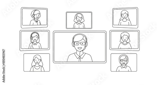 A line drawing illustration of eight people engaged in a video conference call, with one central figure.
