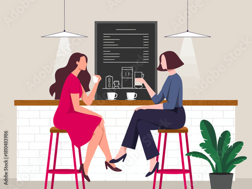 This illustration captures two women chatting over coffee at a stylish cafe, showcasing the warm social atmosphere and their joyful expressions in a contemporary design.