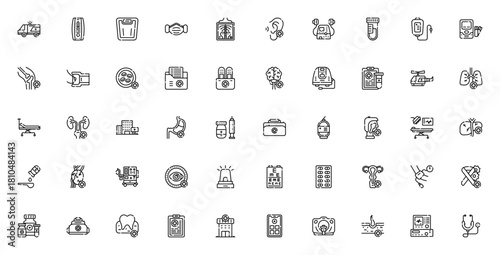 Medical services icon set. Healthcare vector icons pck. Includes ambulance, thrmometer, weight scale, meical mask, X-rays, stethosope, pills, vaccine, surgey and more. Editable strok.