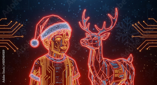 Digital Christmas: A child reaches out to a glowing reindeer against a festive circuit board background, christmas and New year banner abstract background. The Magic of Christmas in the Digital Age.