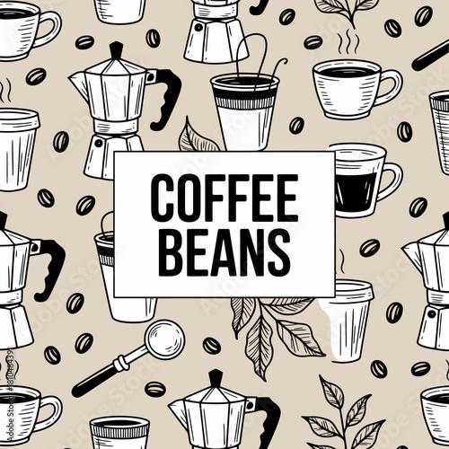 An artistic pattern featuring coffee brewing tools and beans, conveying the passion and culture surrounding coffee in a fun, monochromatic style.