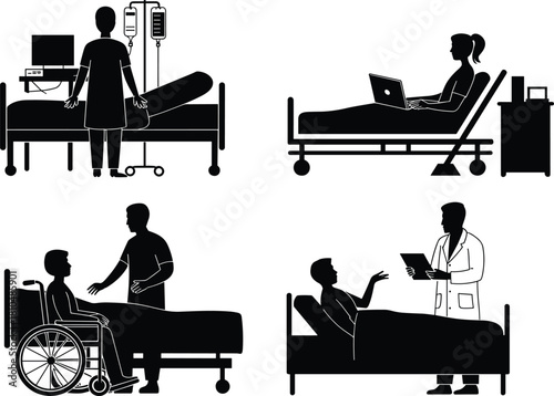 Silhouette of hospital scenes with doctors, nurses, and patients in medical beds, healthcare teamwork, hospital care concept, vector illustration for medicine design.