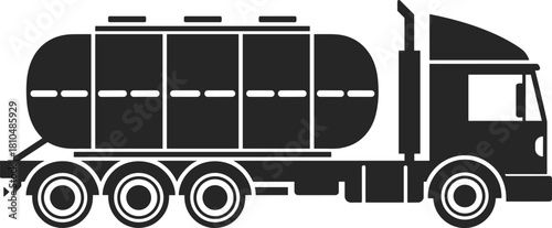 Silhouette of industrial tanker truck vector, fuel transport vehicle illustration, black and white logistics icon, heavy cargo trailer design element