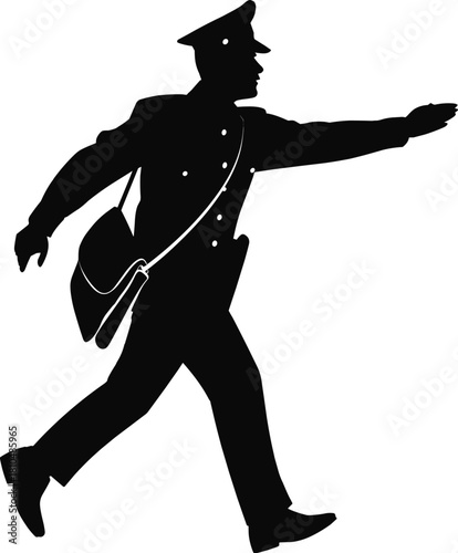 Silhouette of male postman walking and delivering letters, postal worker with mailbag illustration, courier service concept, communication and delivery vector design