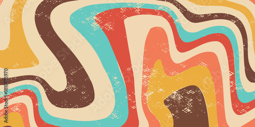 Abstract Retro 70s colorful sun with rays on vintage background. Groovy banner, poster or postcard. Vector illustration.