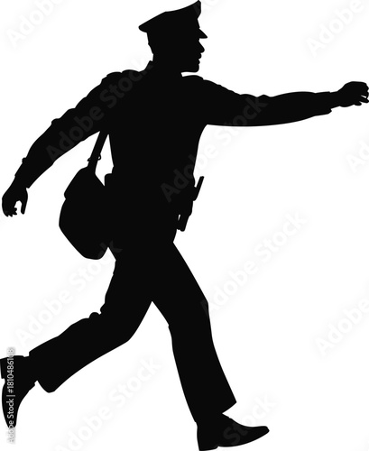 Silhouette of male postman walking and delivering mail, postal worker with shoulder bag illustration, courier delivery service concept, communication and transport vector design