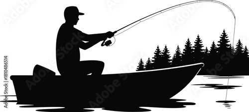 Silhouette of man fishing in boat, lake nature scene, outdoor recreation, calm water reflection, fisherman catching fish, adventure vector illustration design