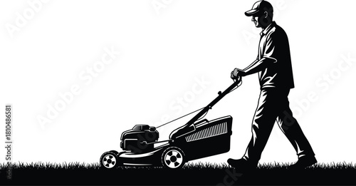 Silhouette of man pushing lawn mower on grass, outdoor gardening maintenance scene, professional landscaping worker illustration, clean detailed vector design for stock use