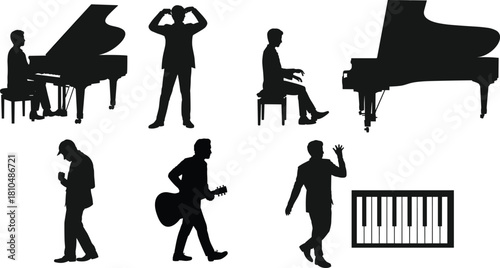 Silhouette of musicians playing piano and guitar, performing and posing, music concert and practice vector illustration for art, creativity, performance, and entertainment theme