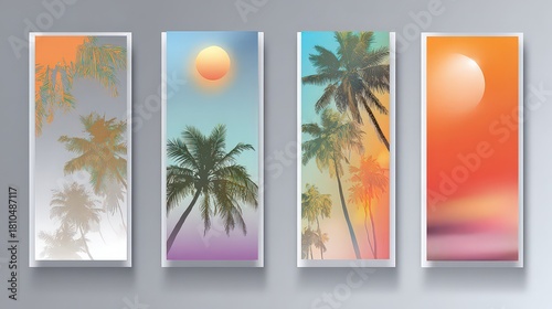 Set of Four Abstract Tropical Landscape at Sunset with Palm Trees and Blured Color Palette, Vector Illustrations for Phone Wallpapers or Backgrounds