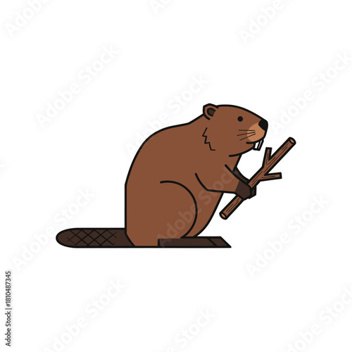 Cute Cartoon Beaver Holding a Branch on White Background