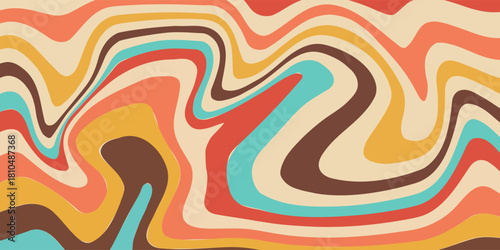 Abstract Retro 70s colorful sun with rays on vintage background. Groovy banner, poster or postcard. Vector illustration.