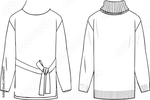 Women’s sweater design vector illustration showing front and back views, fashion flat sketch, knitwear template, apparel mockup for clothing designers, boutique branding