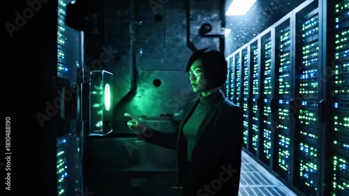 Woman in glasses activates biometric scanner in data center hallway, glowing servers