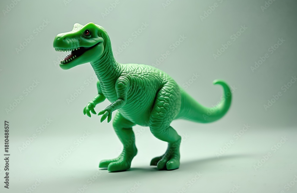 Obraz premium Green Tyrannosaurus Rex toy stands against simple studio background. Its mouth open revealing teeth. Dinosaur model shows skin texture. Paleontology concept. Good for books covers, print products.
