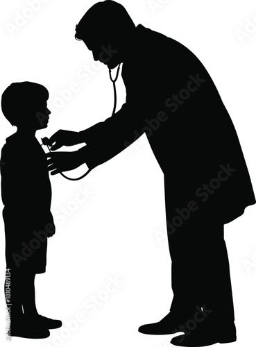 Silhouette of doctor examining child with stethoscope, healthcare concept, pediatric checkup, medical care, professional consultation, and hospital service vector illustration