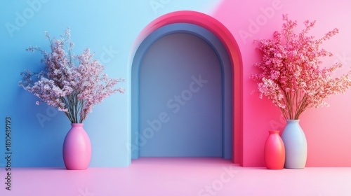 Pastel archway with flowers, product display, studio