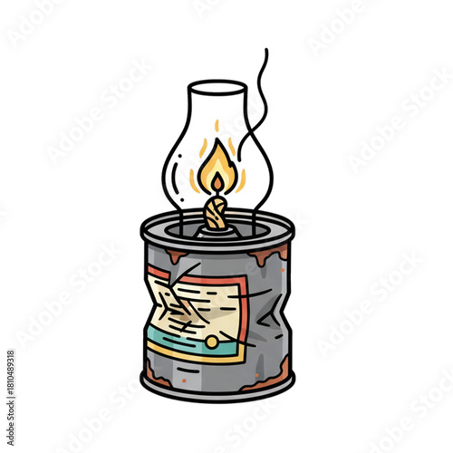 Illustration of a traditional kerosene lamp made from used cans. Isolated on a white background.