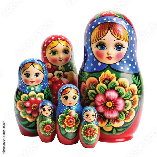 Matryoshka Russian Nesting Dolls Set: A full set of colorful Russian nesting dolls lined up from largest to smallest, vibrant and glossy, PNG cut out.