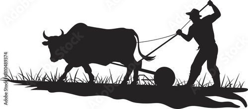 Silhouette of farmer plowing field with ox, traditional agriculture concept, rural farming scene, countryside work, black and white vector illustration