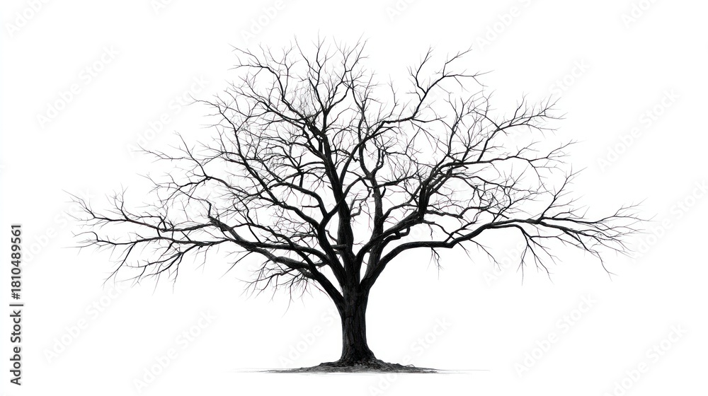 Obraz premium Silhouetted tree, stark against a white background, branching upwards with intricate, barren limbs