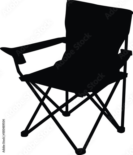 Silhouette of foldable camping chair with armrests, compact portable outdoor furniture for camping, picnic, fishing, hiking, travel, and leisure vector illustration