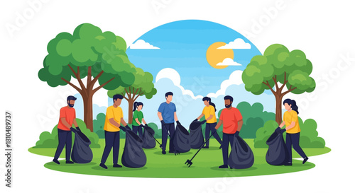 Volunteers Cleaning Up Park Community Service Illustration